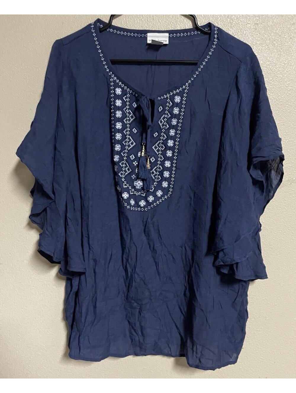 Plus Size Blouse 2XL Peasant Boho Navy Blue Embroidered Floral Liz Claiborne